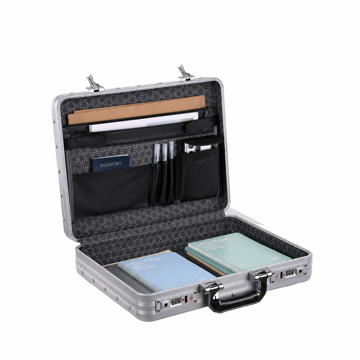 BORY 4350 silver aluminum document storage box with lid organizer; passport, papers and pens shown as styling props