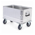 Silver open-top aluminum storage bin with four caster wheels and a folding side handle