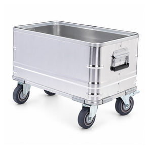 Silver open-top aluminum storage bin with four caster wheels and a folding side handle