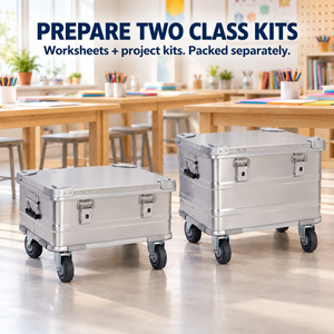BORY 2-Piece Aluminum Rolling Storage Box Set for Teaching Supplies in its intended setting; both silver containers have their own caster base
