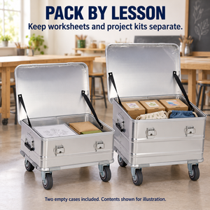 BORY 2-Piece Aluminum Rolling Storage Box Set for Teaching Supplies shown open with illustrative flat supplies & worksheets and project kits & replenishment; all contents and pouches are excluded
