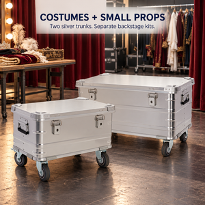BORY 2-Piece Aluminum Rolling Trunk Set for Costumes & Props in its intended setting; two empty silver cases with a caster base on each