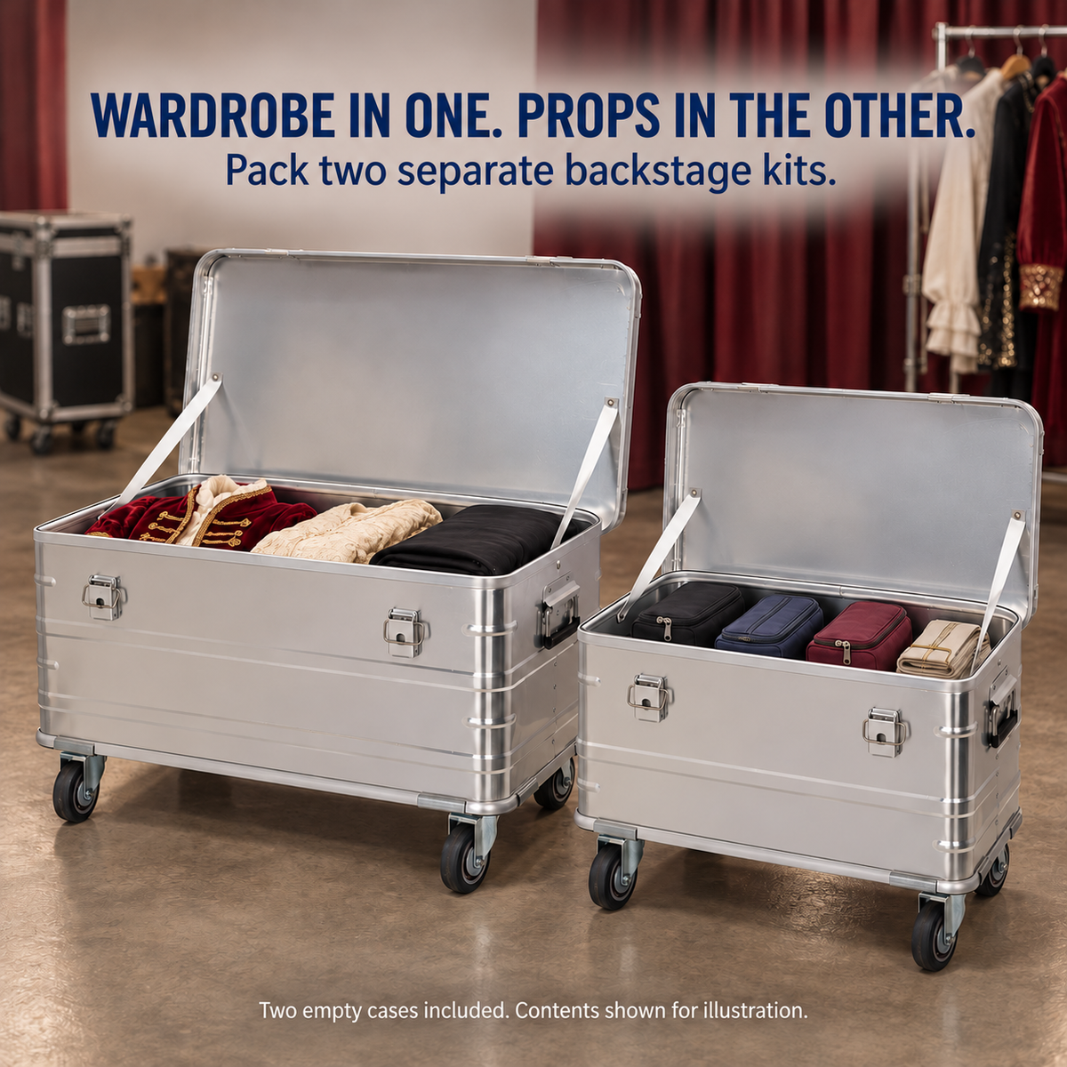 BORY 2-Piece Aluminum Rolling Trunk Set for Costumes & Props shown open with example folded costumes & textiles and accessories & small props; props, pouches and contents are not included