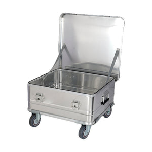 Included shallow 565020 silver case shown open and empty, with grey lid straps and its own four-caster base