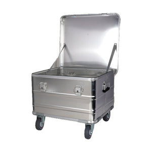 Included medium 565030 silver case shown open and empty, with grey lid straps and its own four-caster base