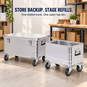 BORY 2-Piece Aluminum Rolling Stockroom Storage Box & Bin Set in its intended setting; two empty silver cases with a caster base on each