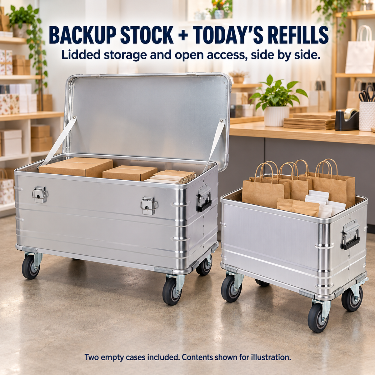 BORY 2-Piece Aluminum Rolling Stockroom Storage Box & Bin Set shown open with illustrative backup supplies in the lidded trunk and current refills in the open bin; all contents and pouches are excluded