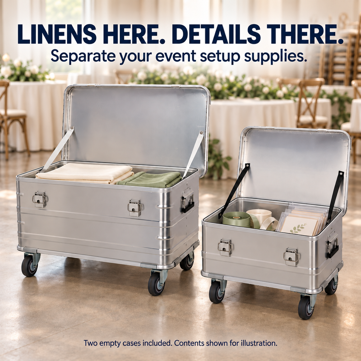 BORY 2-Piece Aluminum Rolling Storage Set for Wedding Decor Supplies shown open with example linens & fabric pieces and table details & accessories; props, pouches and contents are not included