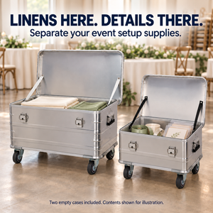BORY 2-Piece Aluminum Rolling Storage Set for Wedding Decor Supplies shown open with example linens & fabric pieces and table details & accessories; props, pouches and contents are not included