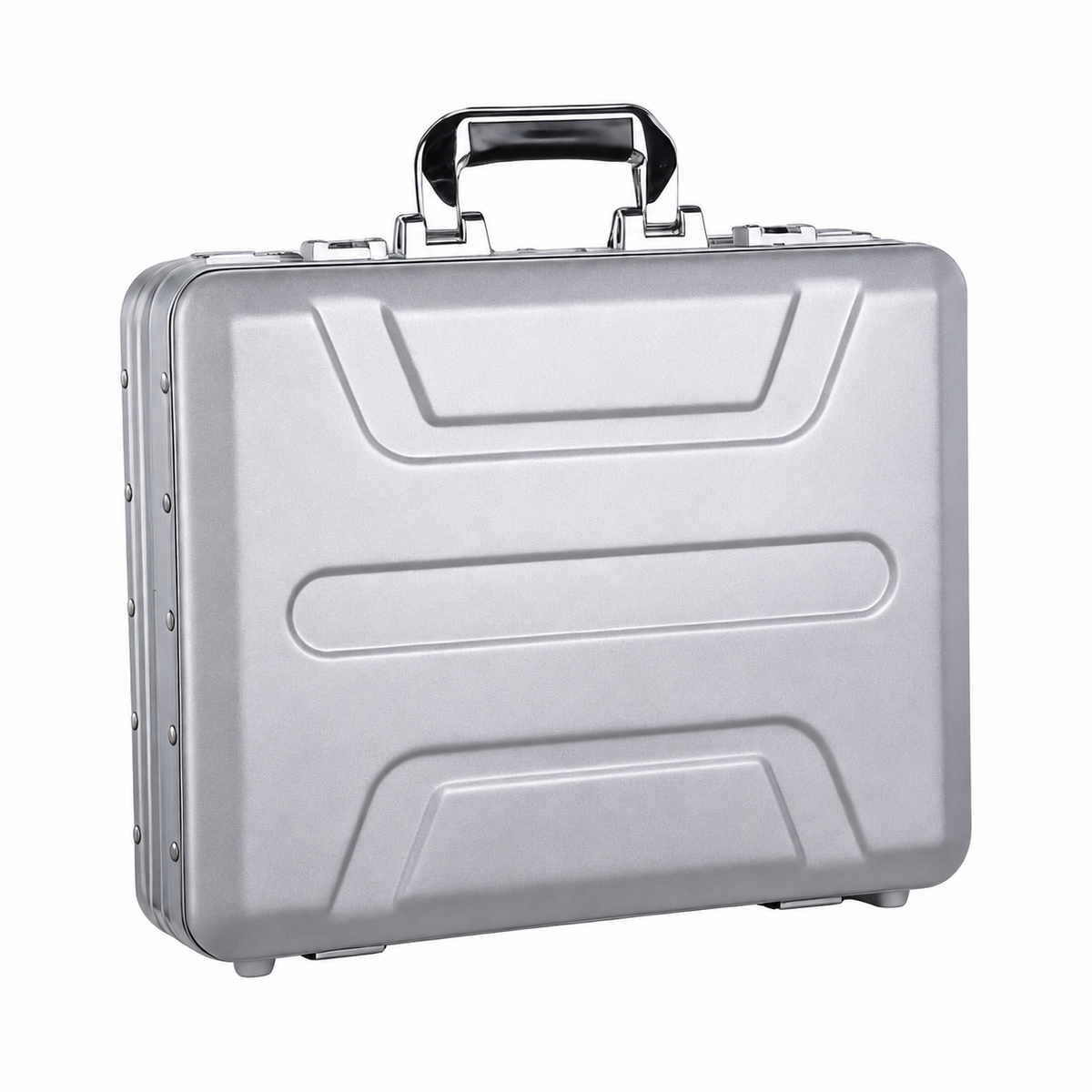 BORY 4350 silver aluminum document case closed, showing the embossed shell and carry handle