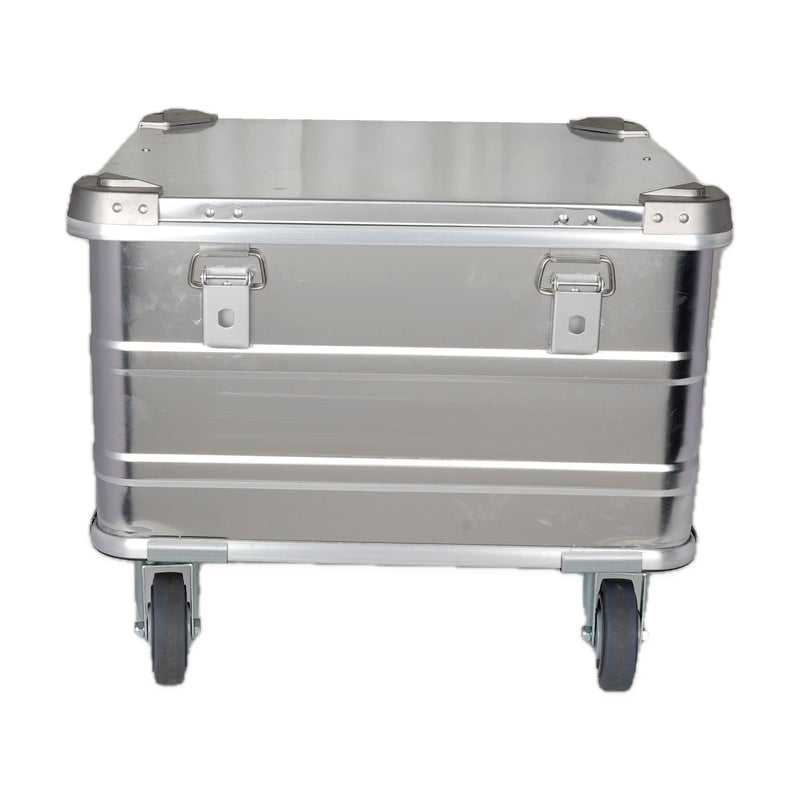 Included medium case · 565030, silver aluminum with four-inch casters; actual product photograph