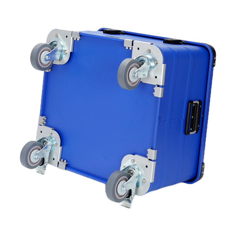 Underside of blue BORY 565030 showing four caster wheels and metal mounting supports