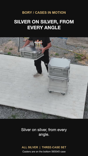 All Silver 5650 three-case set stacking and rolling demonstration; casters are on the bottom 565045 case